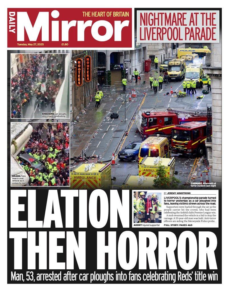 The headline on the front page of the Daily Mirror reads: "Elation then horror".