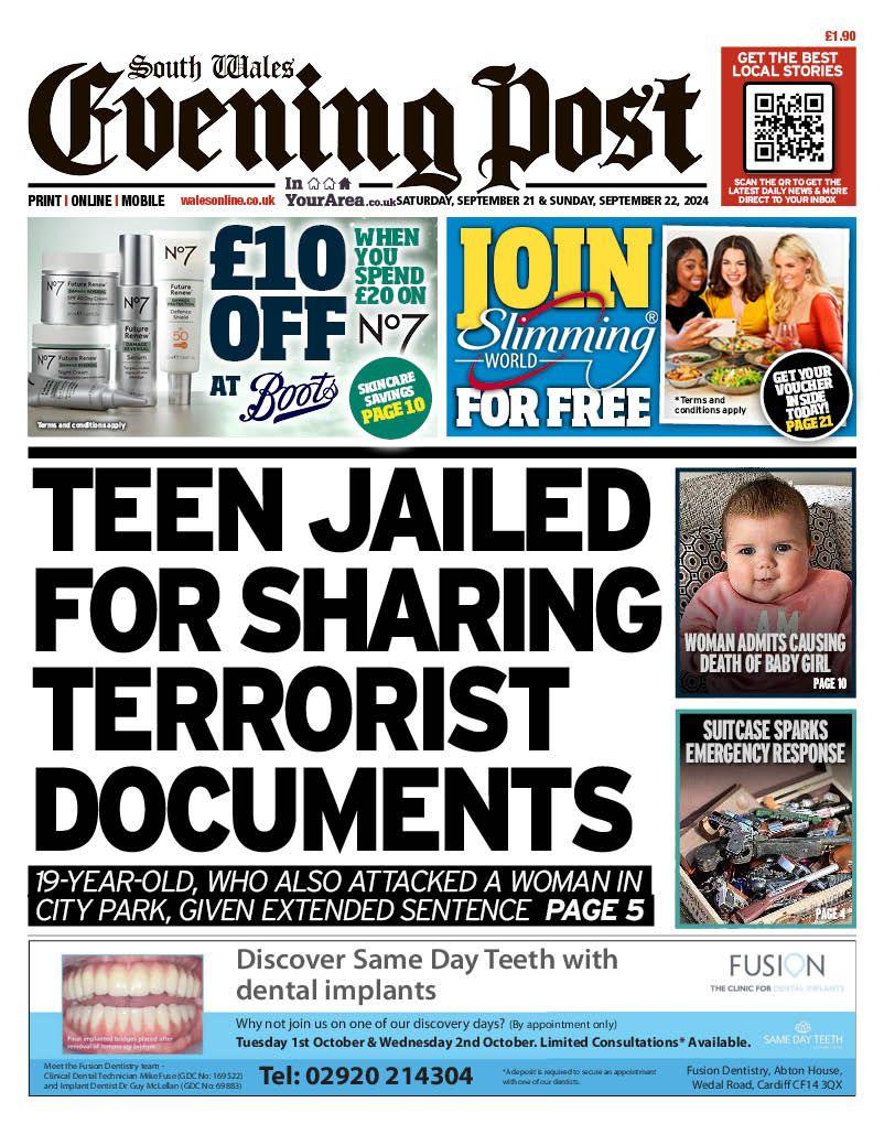 Front page of South Wales Evening Post 