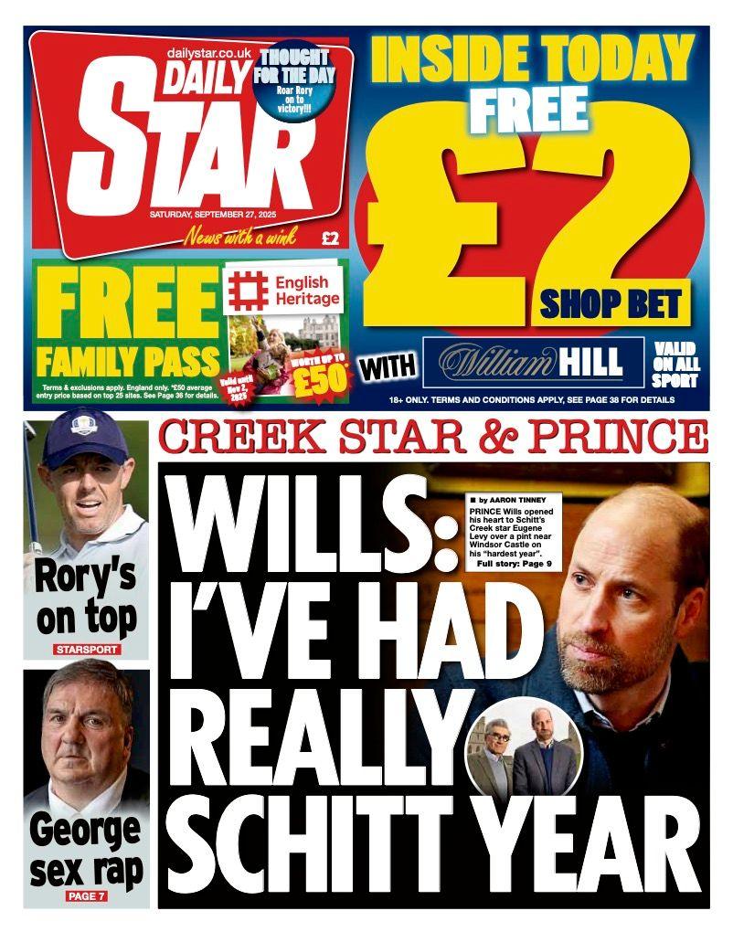 The headline on the front page of the Star reads: "Wills: I've had really schitt year".