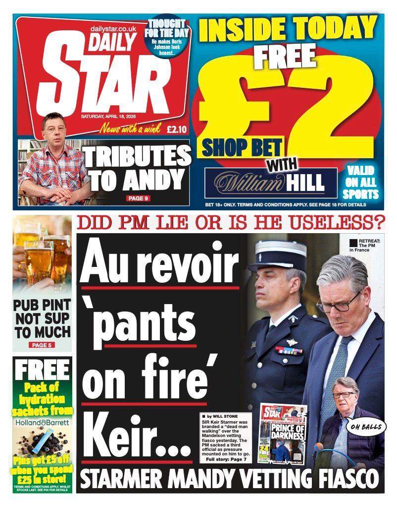 Titulli në faqen e parë të Daily Star thotë: "Au revoir 'pantallonat në zjarr' Keir."