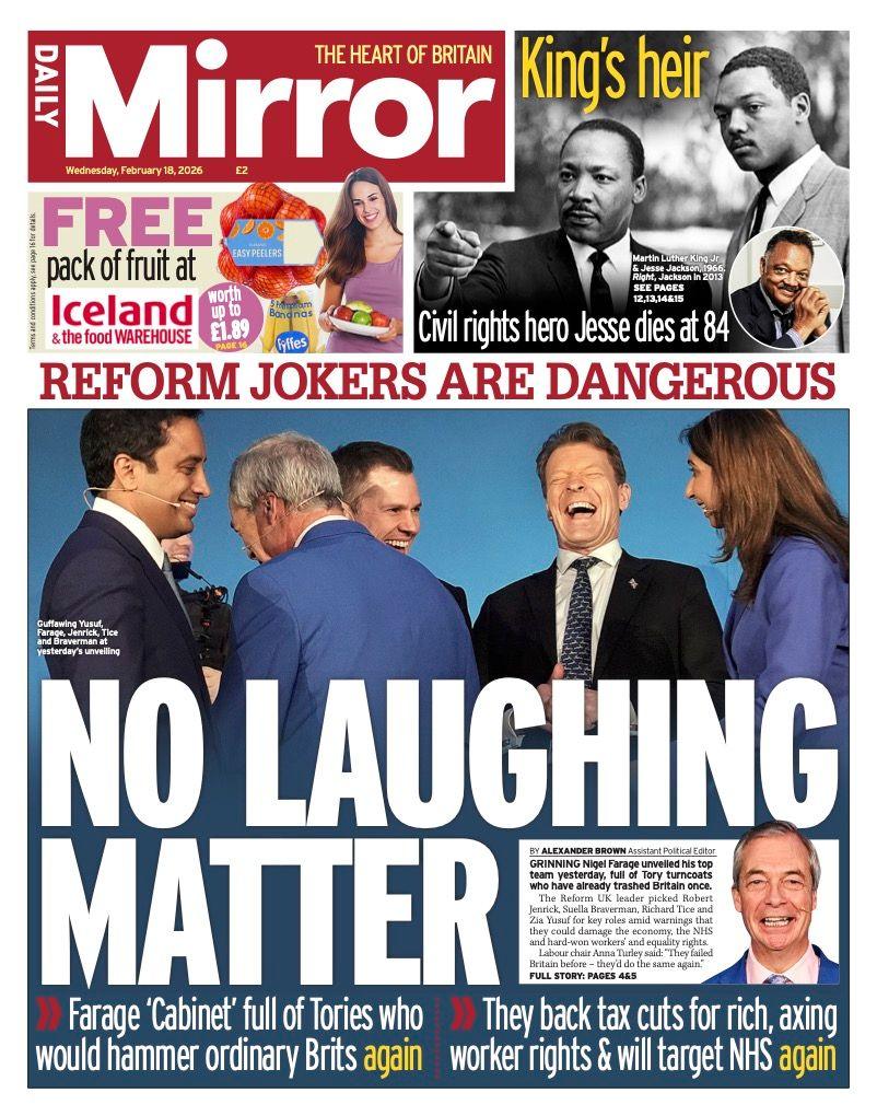 The front page of the Daily Mirror reads: "No Laughing Matter."