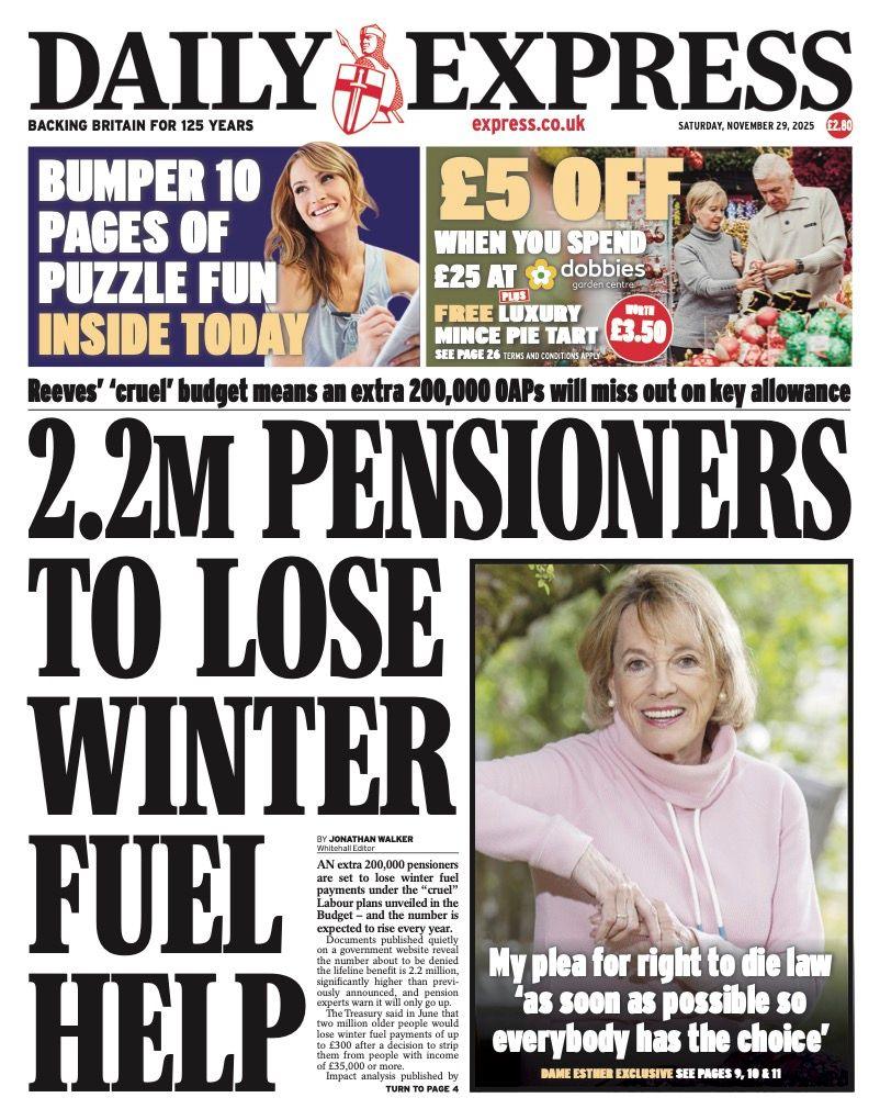 The headline on the front page of the Daily Express reads: "2.2m pensioners to lose winter fuel help".