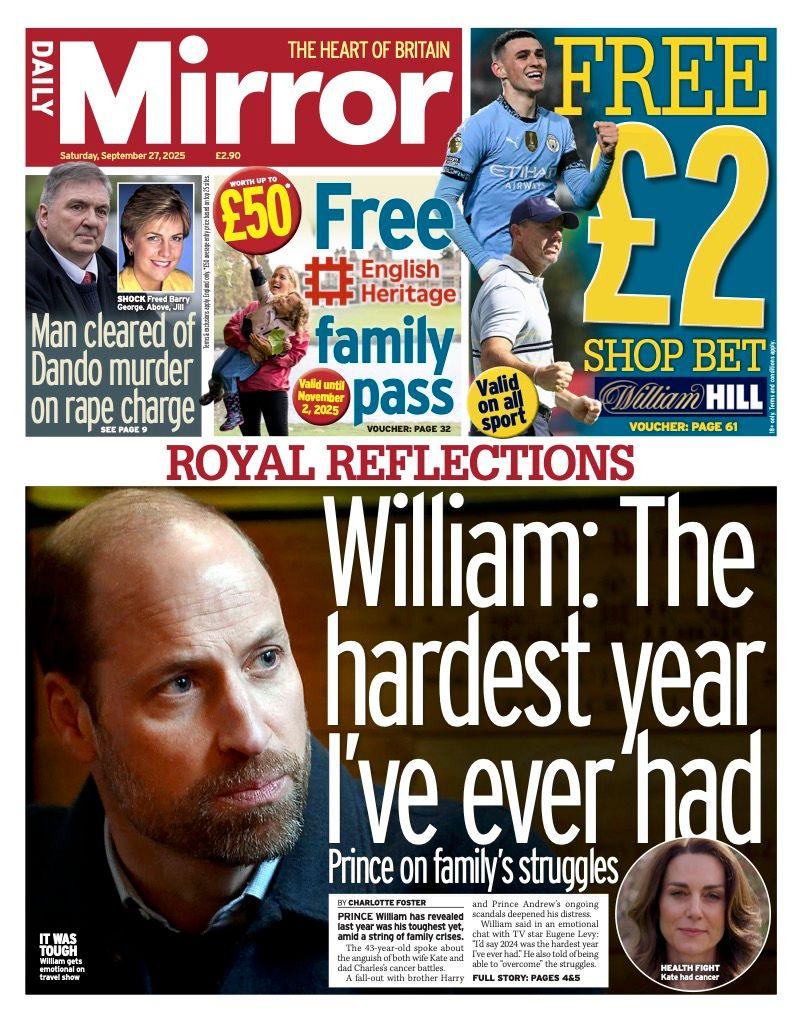 The headline on the front page of the Mirror reads: “William: The hardest year I've ever had”.