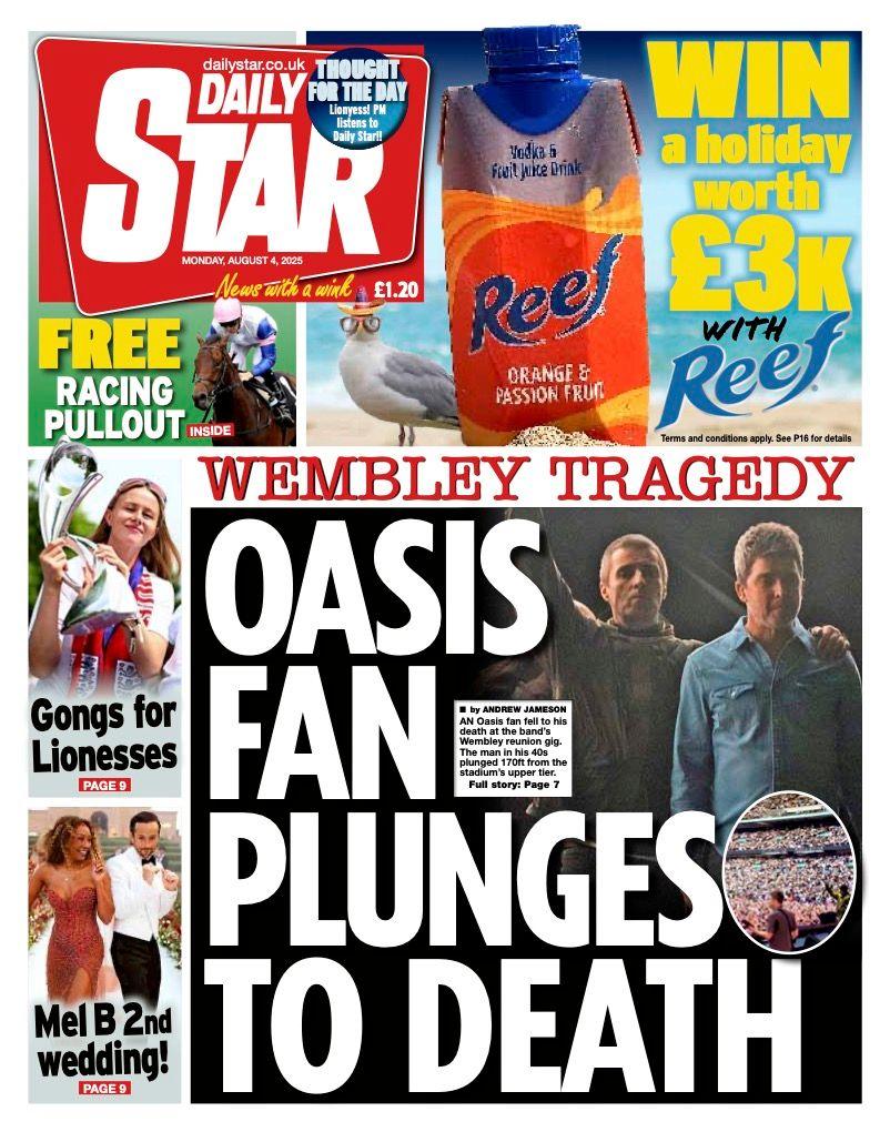 The Gallagher brothers are pictured on the front of the Daily Star which has the headline "Oasis fan plunges to death". 