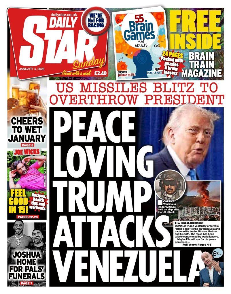 Titulli në faqen e parë të Daily Star thotë: "Trump, dashamirës i paqes, sulmon Venezuelën".