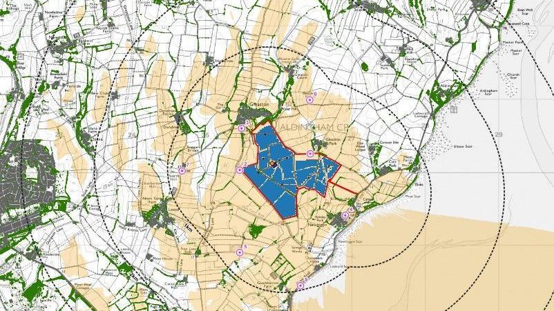 A map of the proposed solar farm. A section is coloured in blue.
