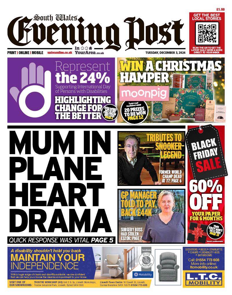 Front page of the South Wales Evening Post 