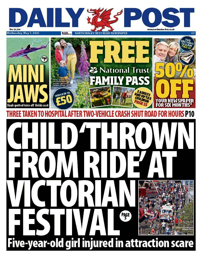 Daily Post front page with the main headline reading "Child 'thrown from ride' at Victorian Festival, then a close up picture of a crowd