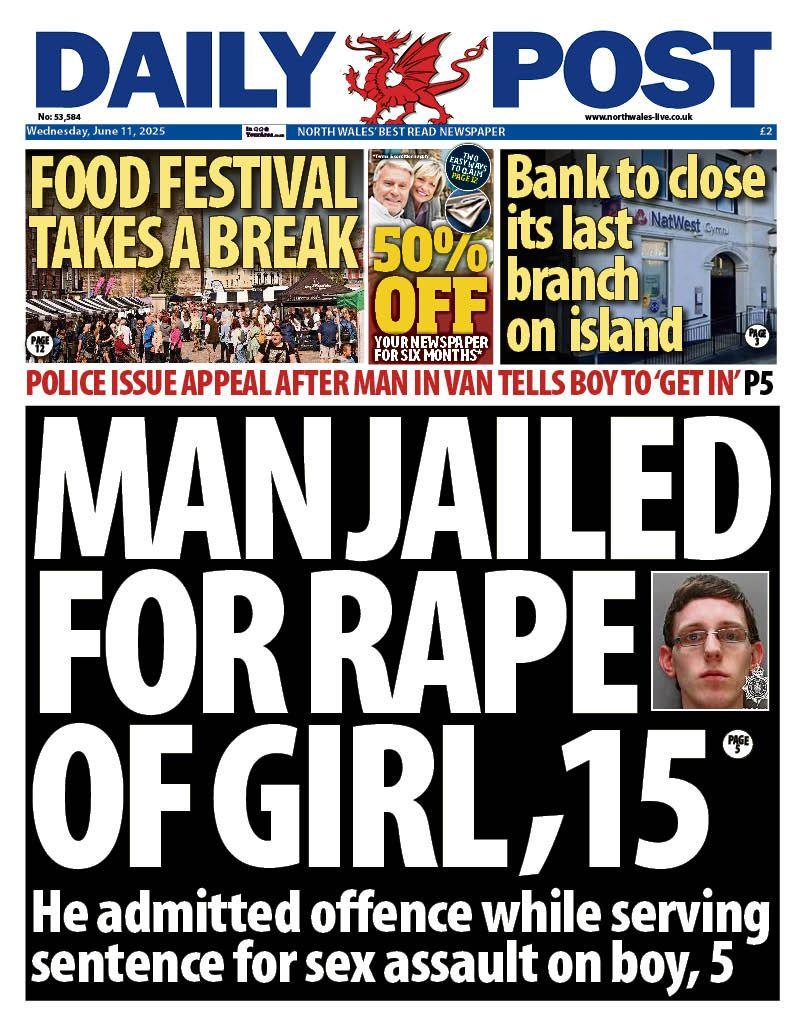 Daily Post front page, with a main headline reading "Man jailed for rape of girl, 15" and a picture of a man with short hair and glasses