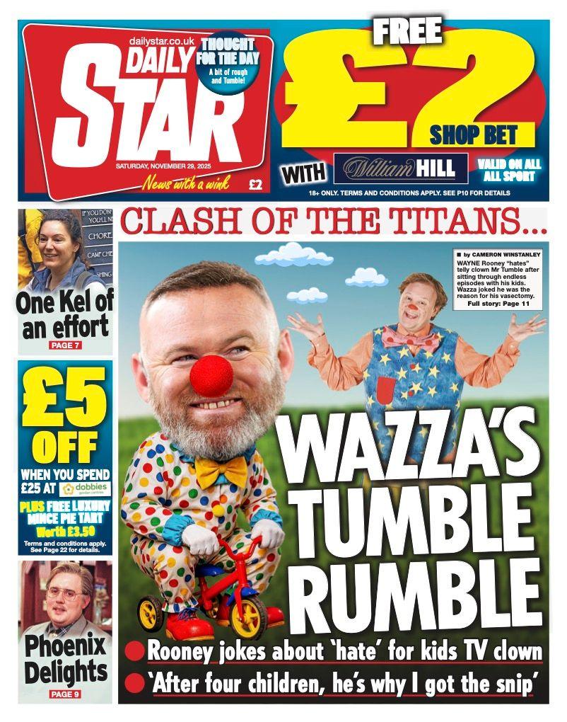 The headline on the front page of the Daily Star reads: "Wazza's tumble rumble".