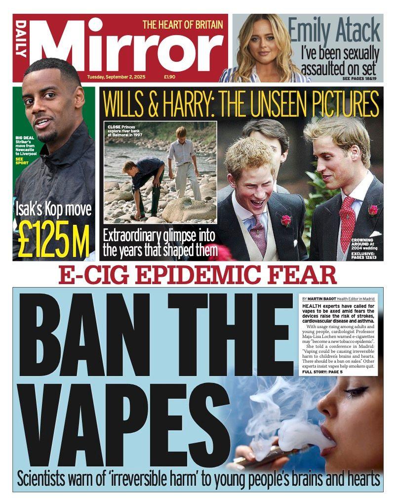 The headline on the front page of the Daily Mirror reads: "Ban the vapes".