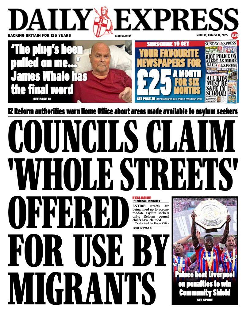 The headline on the front page of the Daily Express reads: "Councils claim 'whole streets' offered for use by migrants".