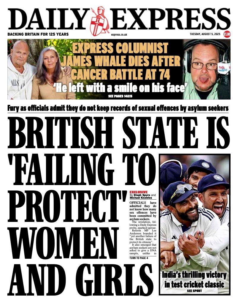 The headline on the front page of the Express reads: "British state is 'failing to protect' women and girls"
