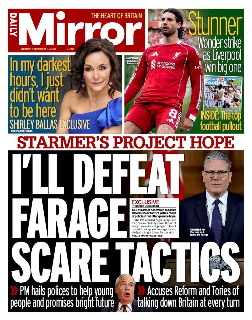 The headline on the front page of the Daily Mirror reads: "I'll defeat Farage scare tactics".