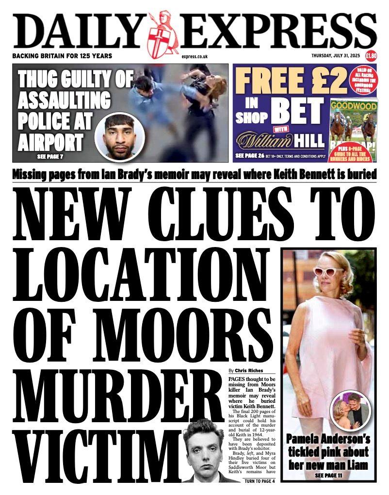 The headline on the front page of the Daily Express reads: "New clues to location of Moors murder victim".