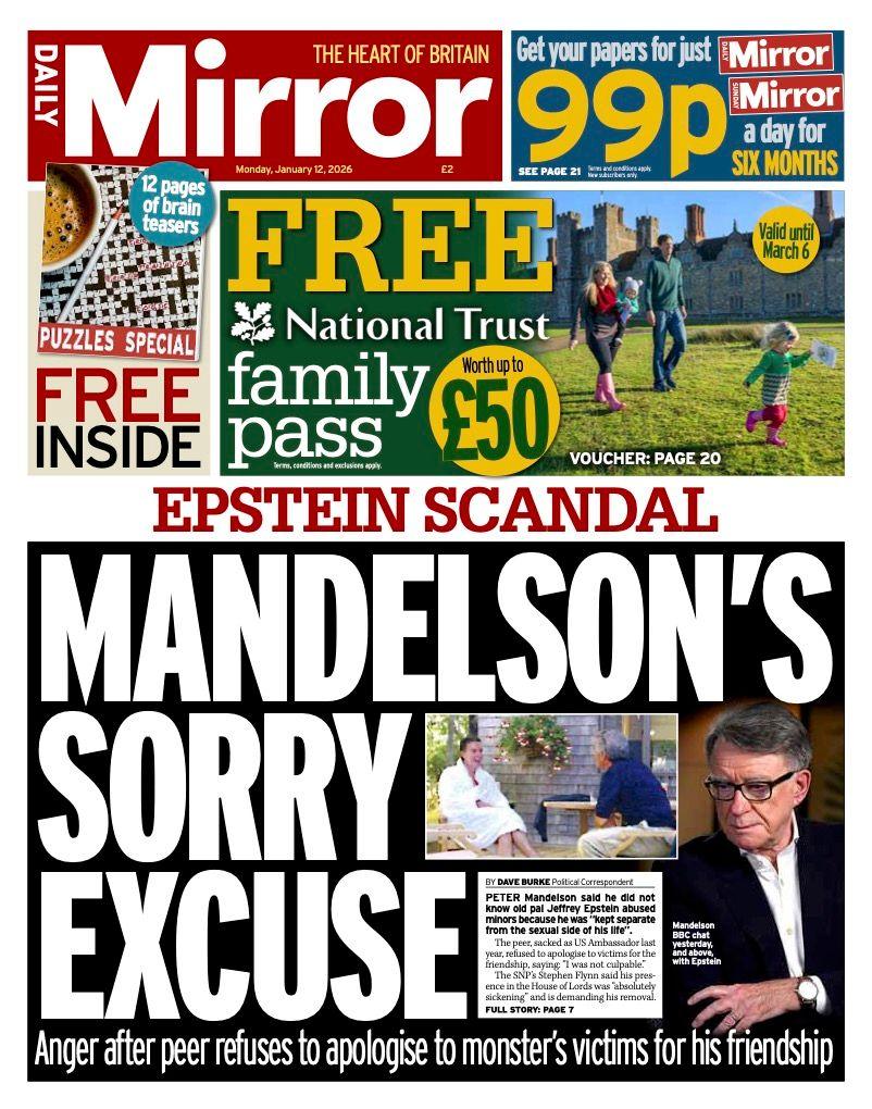 Titulli në faqen e parë të Daily Mirror thotë: "Justifikimi i keq i Mandelsonit".