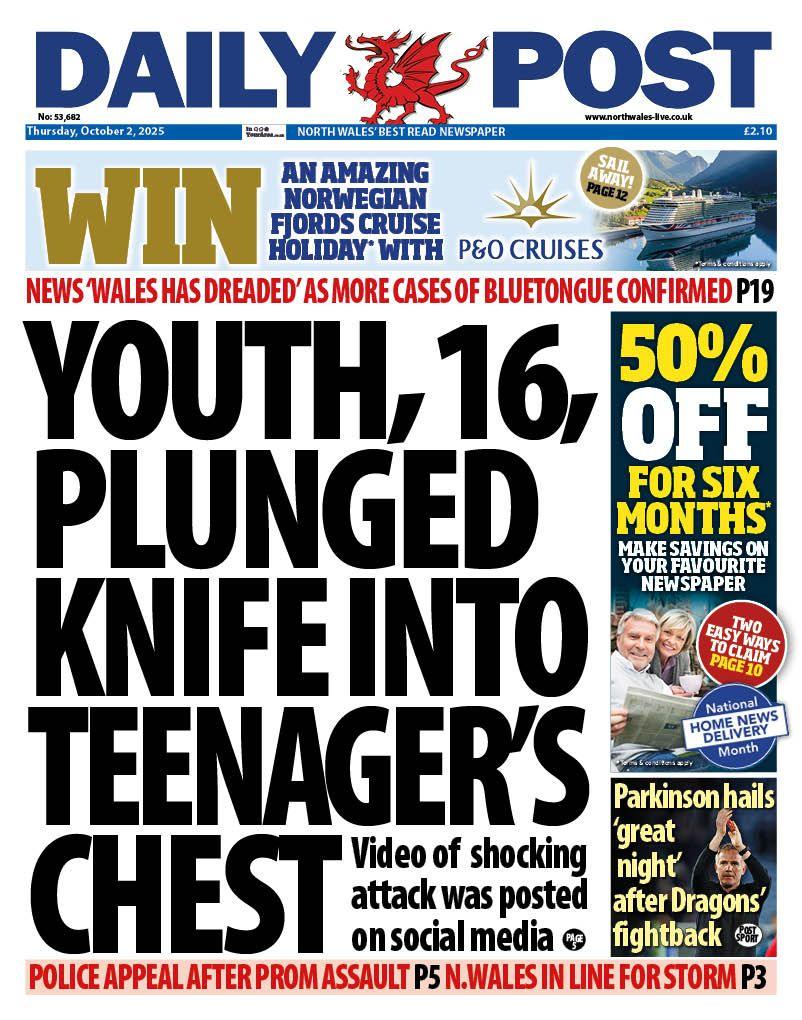 Main headline: Youth, 16, plunged knife into teenager's chest; Video of shocking attack was posted on social media. Down the right there is an advert for 50% off for six month and underneath is a headline which reads: "Parkinson hails 'great night' after Dragons' fightback".