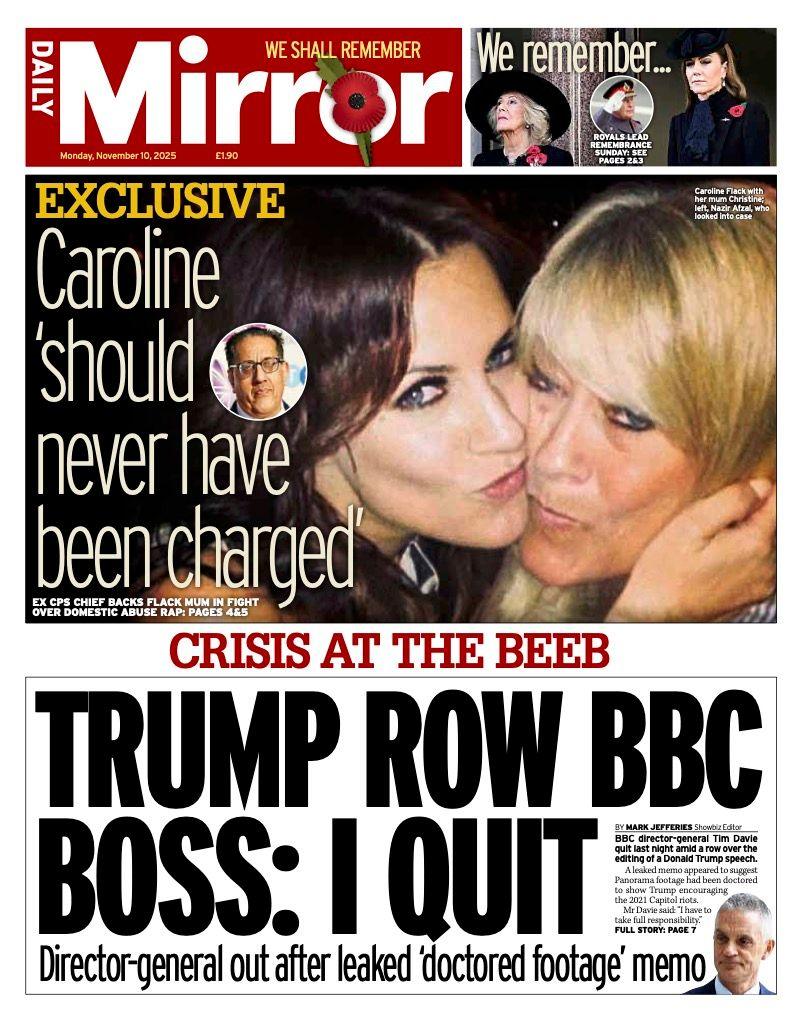 The headline on the front page of the Daily Mirror reads: "Trump row BBC boss: I quit". 