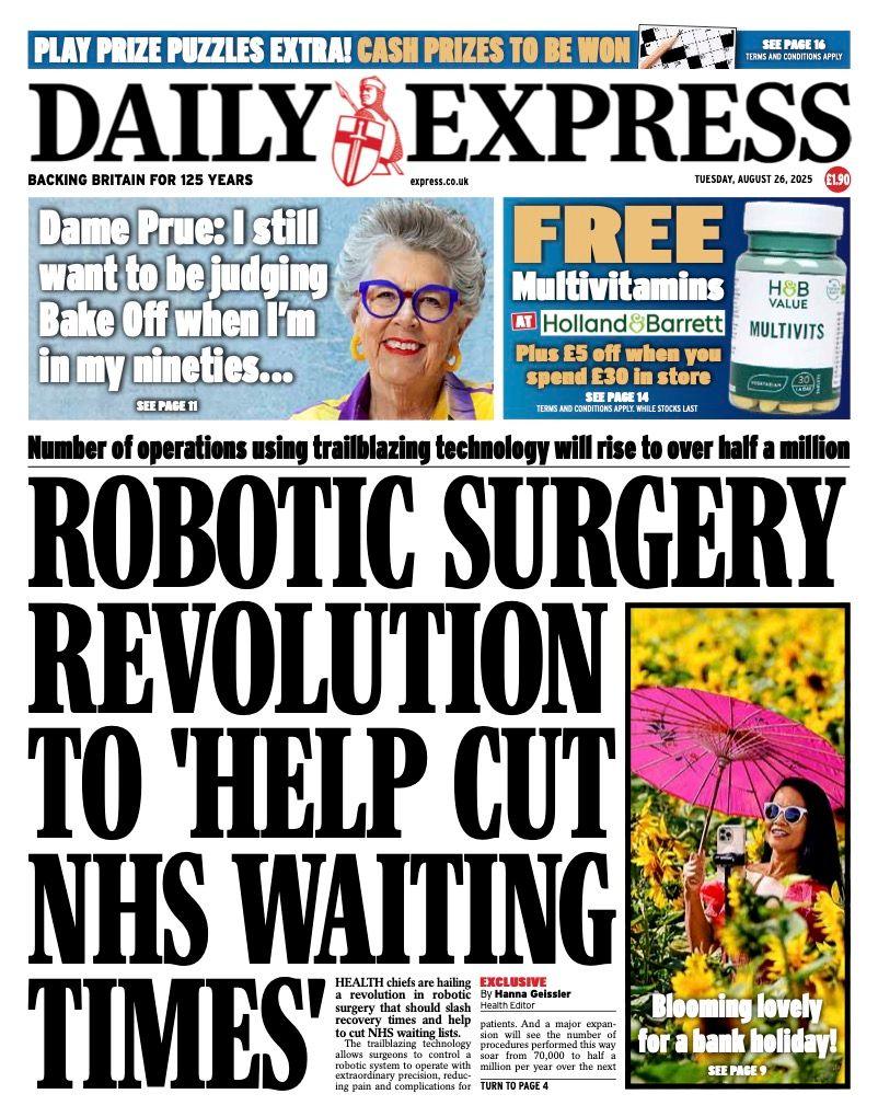 The headline on the front page of the Daily Express reads: "Robotic surgery revolution to 'help cut NHS waiting times'".