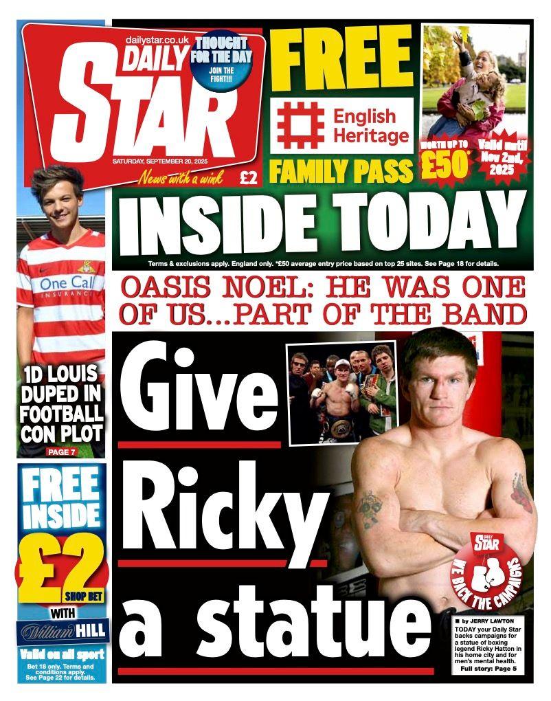 The headline on the front page of the Star reads: "Give Ricky a statue".