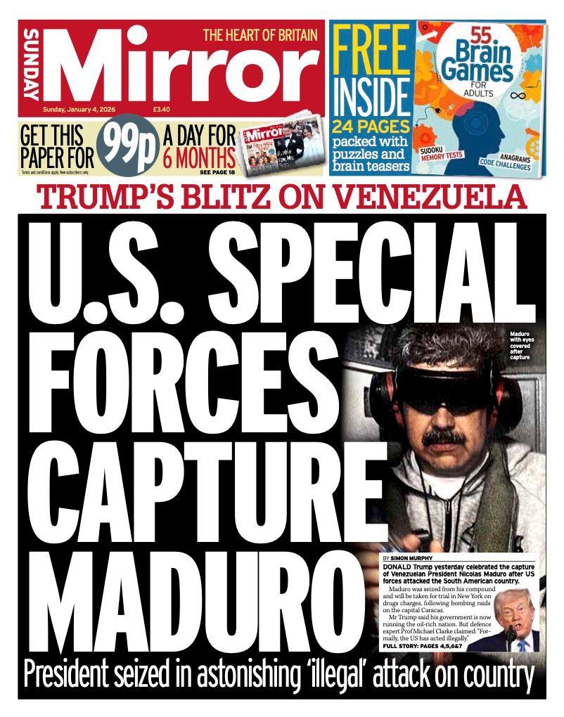 Titulli në faqen e parë të gazetës Sunday Mirror thotë: "Forcat speciale amerikane kapën Maduron".