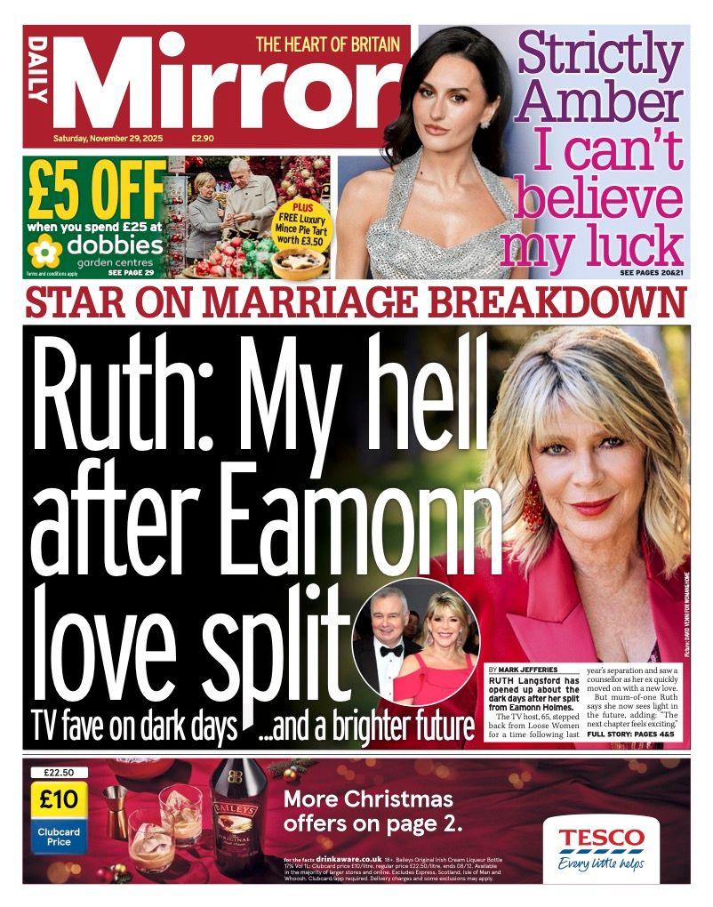 The headline on the front page of the Daily Mirror reads: "Ruth: My hell after Eamonn love split".