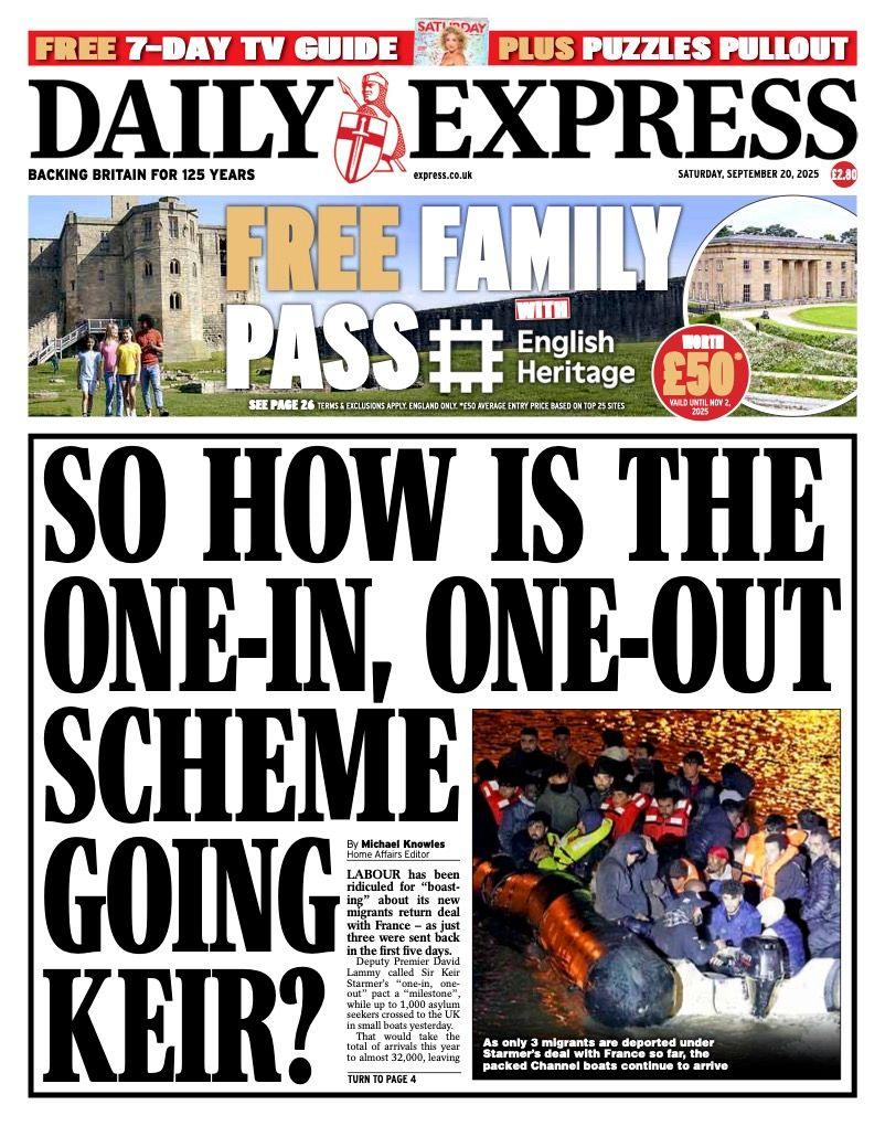 The headline on the front page of the Express reads: "So how is the one-in, one-out scheme going Keir?".