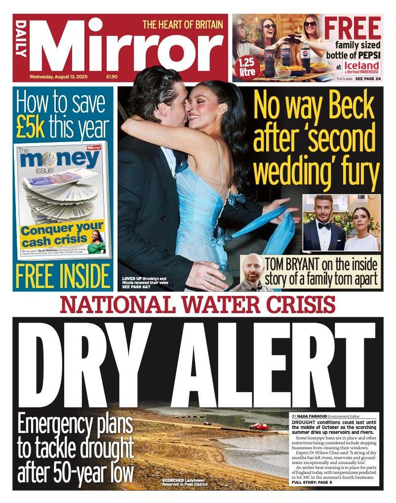 The headline on the front page of the Mirror reads: “National water crisis: Dry alert”