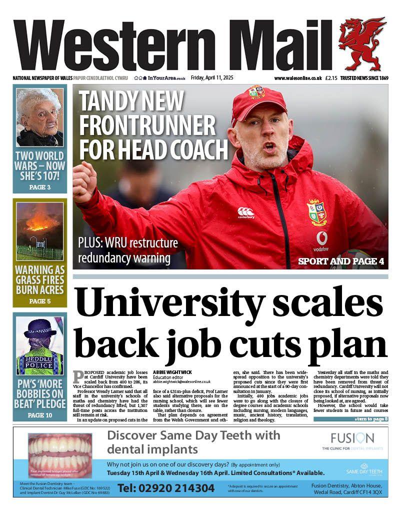 Front page of the Western Mail. Main headline reads: University scales back job cuts plan. Other headlines read: Tandy new front runner for head coach. 