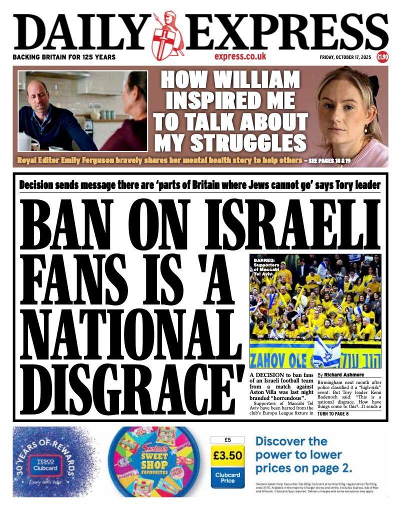 The headline on the front page of the Express reads: "Ban on Israeli is 'a national disgrace'".