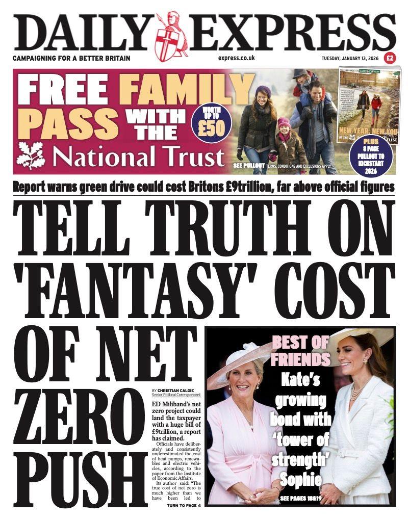Titulli në faqen e parë të Daily Express thotë: "Thuaj të vërtetën mbi koston 'fantazi' të shtytjes neto zero".