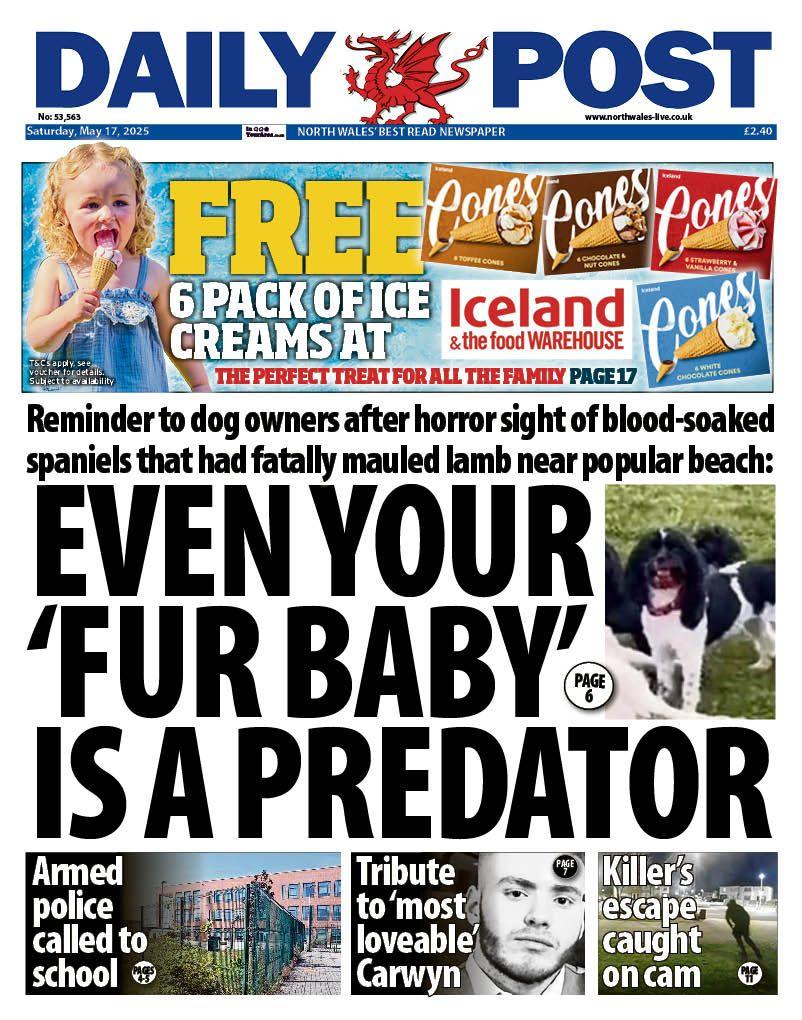 Front page of the Daily Post newspaper with the splash headline: "Even your 'fur baby' is a predator". At the top of the page is an advert for Iceland ice creams. Other headlines on the page are as follows: "Armed police called to school"; "Tribute to 'most loveable' Carwyn"; and "Killer's escape caught on cam". 