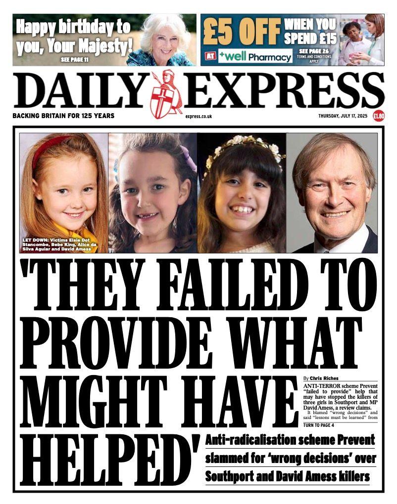 The headline on the front page of the Daily Express reads: "They failed to provide what might have helped"