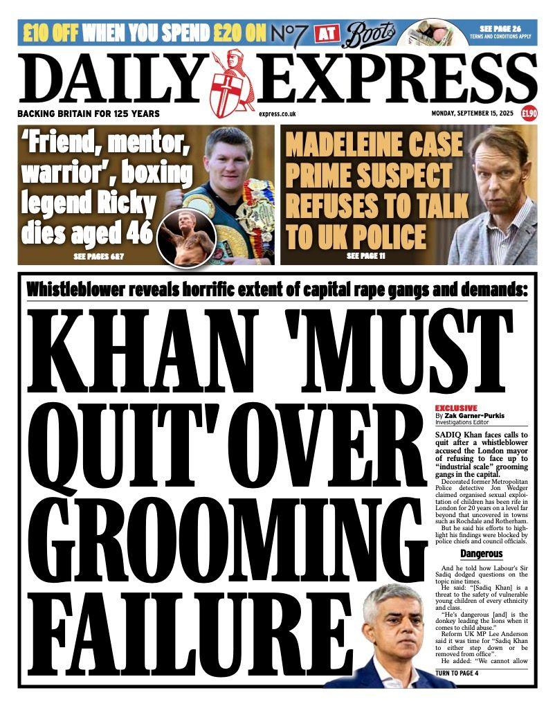 The Express's lead headline is "Khan 'must quit' over grooming failure'
