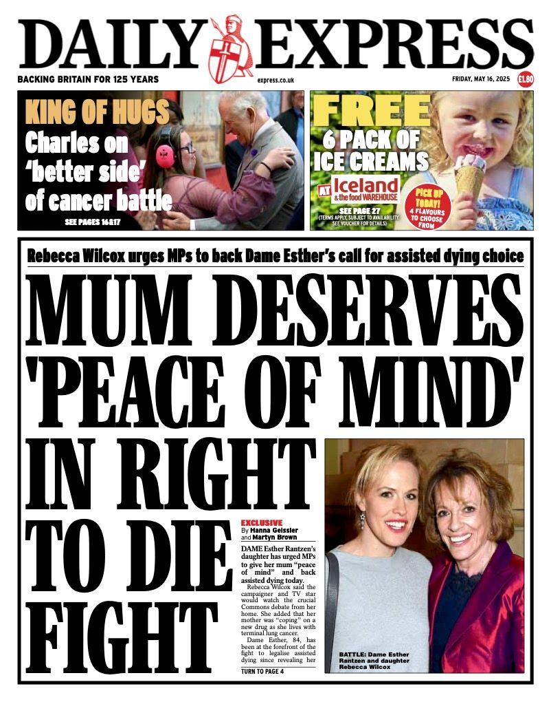 The headline on the front page of the Daily Express reads: "Mum deserves 'peace of mind' in right to die fight".