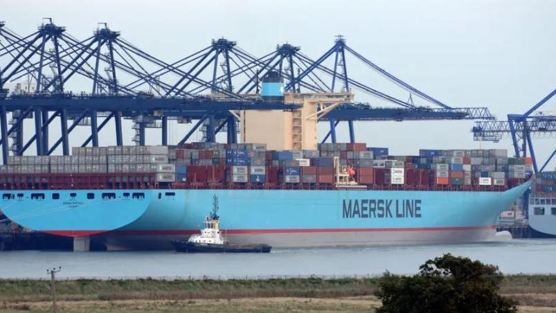 A Maersk Line ship with a blue hull loaded with containers and docked at the Port of Felixstowe. A row of blue cranes is on the quayside. In the foreground is the opposite bank of the estuary at Shotley Gate.