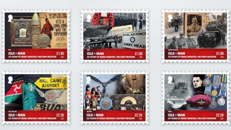 Six stamps, highlighting the museum's main exhibits about World War One and Two, VJ Day and the Korean War, civil aviation, museum artefacts and the Korean War. They show black and white pictures from the eras, and memorabilia such as medals and posters.
