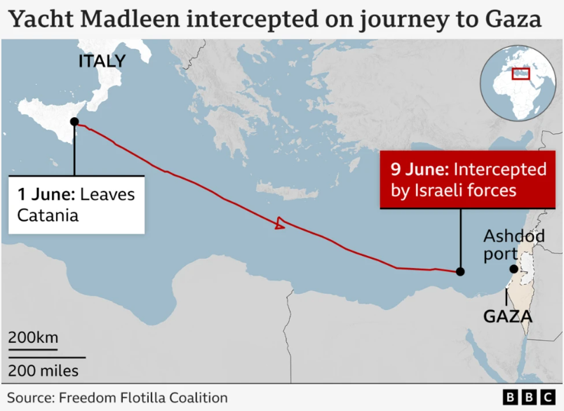 Map showing journey of the Madleen yacht from Catania in Italy to where it was intercepted off the coast of Gaza