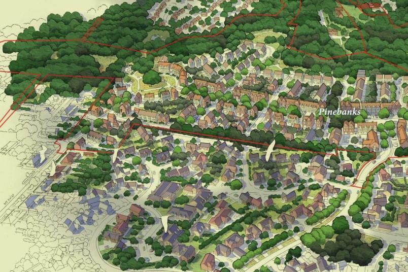 We can see an artist's impression of a housing estate surrounded by trees.