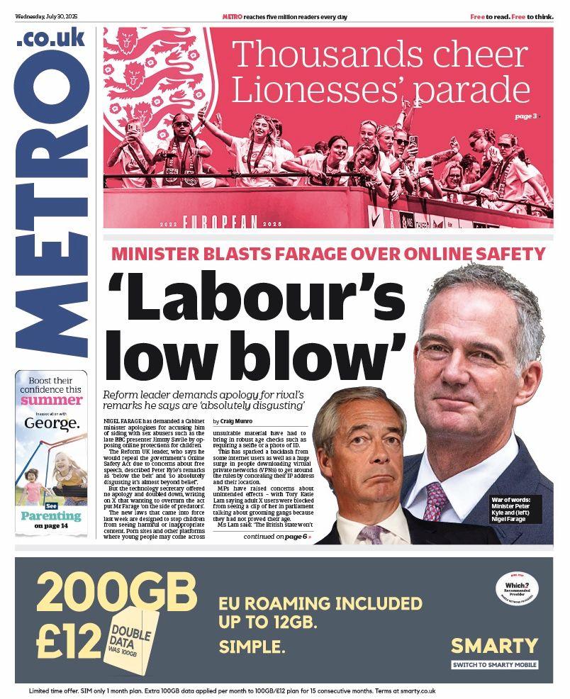 The headline on the front page of the Metro reads: "Labour's low blow".