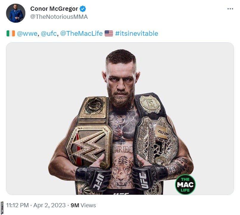 A picture of Conor McGregor holding a WWE and UFC title