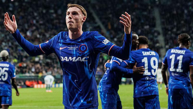 Cole Palmer celebrates after Jadon Sancho scored in the Europa Conference League final