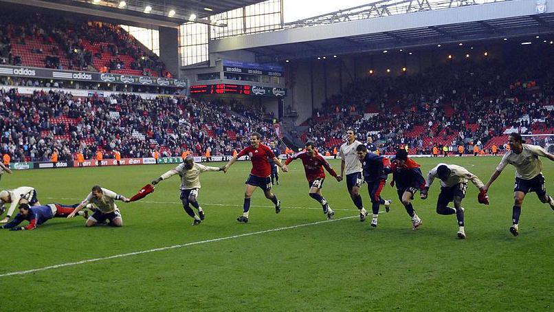 Barnsley players celebrate knocking Liverpool out of the FA Cup in 2008