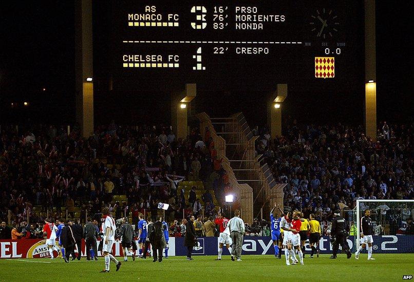 Players from Monaco and Chelsea at the end of their Champions League semi-final in 2004 in Monaco.