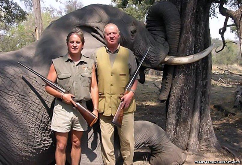 Collect photograph of Spain's King Juan Carlos posing in front of a dead elephant on a hunting trip.