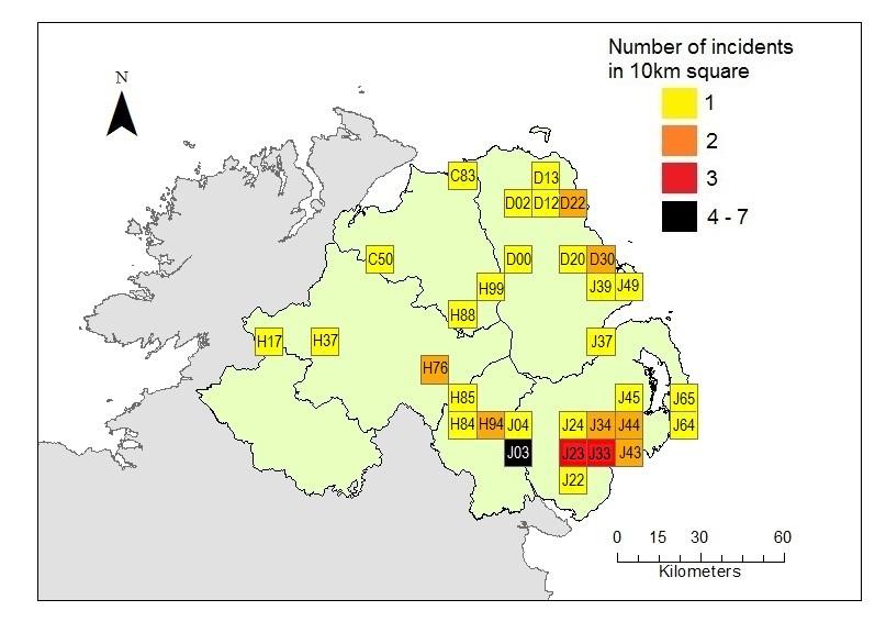 Map of Northern Ireland with number of incident in 10 km square