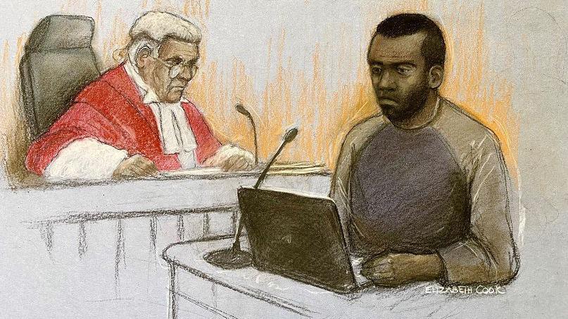 Court artist sketch by Elizabeth Cook of Deng Chol Majek giving evidence at Wolverhampton Crown Court.