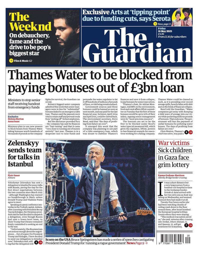 The headline on the front page of the Guardian reads: "Thames Water to be blocked from paying bonuses out of £3bn loan".