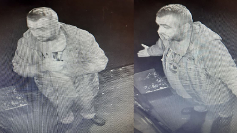 Two CCTV images of a man wearing a hooded jacket, T-shirt and jeans