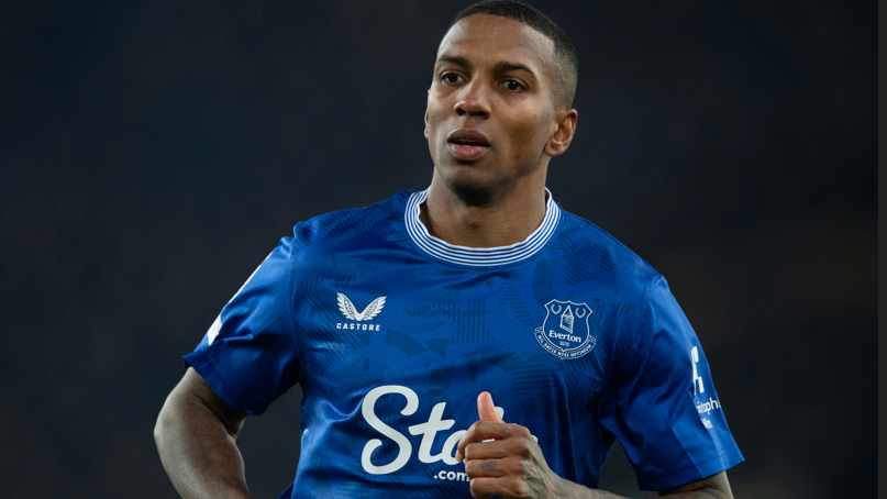 Everton defender Ashley Young reacts during the Premier League match against Aston Villa at Goodison Park in January 2025